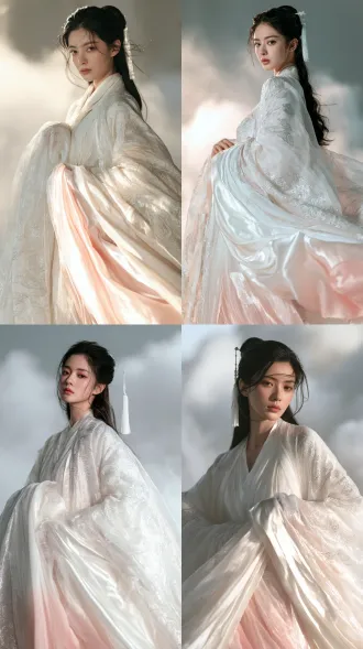 an original female immortal character, a single young chinese celestial heroine appearing around 22 to 25 years old, embodying high-end chinese xianxia portrait aesthetics and oriental goddess beauty, exquisitely refined oval face, soft elegant facial contours, gentle eyebrows, clear deep brown eyes, delicate pale pink lips, smooth fair skin with a soft natural matte finish and subtle realistic texture, quiet and serene expression, calm gaze, gentle yet distant temperament, ethereal and transcendent beauty, long jet-black hair flowing gracefully down her back, styled in a half-up immortal bun, adorned with a white jade tassel hairpin, a few soft loose strands framing her face, wearing a moon-white flowing wide-sleeved gauze dress with pearl-white inner layers, a delicate pale lotus-pink gradient at the hem, fine silver cloud-pattern embroidery throughout the fabric, layered translucent silk and luminous satin-like fabric, flowing glossy drapery with subtle shimmering highlights, elegant natural folds, refined and graceful silhouette, standing gracefully in a tranquil celestial setting surrounded by soft mist, drifting clouds and airy atmospheric light, cinematic full-body fashion portrait, three-quarter frontal view, elegant balanced composition, 85mm portrait lens, shallow depth of field, film-level soft lighting, soft frontal cinematic lighting, delicate diffused glow, subtle rim light, gentle ethereal halo, cool white, pearl and soft blush-pink color palette, ultra-realistic photography, realistic silk and satin textures, flowing light across the fabric, photorealistic live-action chinese xianxia fantasy fashion editorial, cinematic realism, high-end costume photography, luxurious oriental divine atmosphere, serene and otherworldly mood