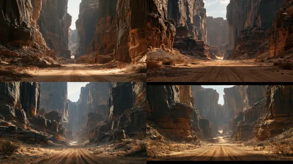 a desolate ancient canyon floor in an oriental fantasy world, a wide and relatively flat ancient dirt road stretching through the bottom of a vast canyon, towering sheer rock cliffs rising dramatically on both sides, immense vertical rock walls with clearly defined geological strata, intricate weathered rock formations, layered dark gray, ochre and deep brown stone textures, naturally eroded cliff surfaces, scattered gravel and broken stones across the canyon floor, sparse dry weeds and a few low-growing shrubs, subtle old wheel ruts etched into the dusty ground, thin layers of loose dust and fine sand, the distant canyon narrowing toward a small rugged opening, a thin strip of pale daylight visible between the towering cliffs, powerful sense of scale and depth, bleak and desolate ancient wilderness atmosphere, cold natural daylight filtering down from above, soft diffused light, realistic ambient occlusion, subtle atmospheric perspective, restrained earthy color palette, cinematic ultra-wide establishing shot, eye-level camera positioned along the center of the canyon road, strong leading lines guiding the eye toward the distant canyon exit, symmetrical yet naturally irregular rock formations, carefully layered foreground, middle ground and background, deep spatial perspective, 24mm wide-angle lens, highly detailed environmental composition, ancient chinese fantasy landscape, next-generation 3d anime realism, premium video game cg quality, unreal engine 5, ue5, physically based rendering, pbr materials, ray-traced global illumination, advanced terrain modeling, ultra-detailed rock surfaces, realistic erosion patterns, high-resolution textures, sophisticated material shaders, precise geometry, realistic lighting and shadows, exceptional next-gen rendering fidelity, 8k uhd, cinematic visual quality, aaa fantasy game environment, no people, no characters, no horses, no carriages, no vehicles, no props, no buildings, no structures, no flags, no banners, no text, no subtitles, no watermark
