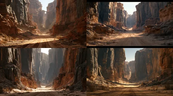 45° bird’s-eye view of a desolate ancient canyon floor in an oriental fantasy world, a wide and relatively flat ancient dirt road stretching through the bottom of a vast canyon, towering sheer rock cliffs rising dramatically on both sides, immense vertical rock walls with clearly defined geological strata, intricate weathered rock formations, layered dark gray, ochre and deep brown stone textures, naturally eroded cliff surfaces, scattered gravel and broken stones across the canyon floor, sparse dry weeds and a few low-growing shrubs, subtle old wheel ruts etched into the dusty ground, thin layers of loose dust and fine sand, the distant canyon narrowing toward a small rugged opening, a thin strip of pale daylight visible between the towering cliffs, powerful sense of scale and depth, bleak and desolate ancient wilderness atmosphere, cold natural daylight filtering down from above, soft diffused light, realistic ambient occlusion, subtle atmospheric perspective, restrained earthy color palette, cinematic ultra-wide establishing shot, eye-level camera positioned along the center of the canyon road, strong leading lines guiding the eye toward the distant canyon exit, symmetrical yet naturally irregular rock formations, carefully layered foreground, middle ground and background, deep spatial perspective, 24mm wide-angle lens, highly detailed environmental composition, ancient chinese fantasy landscape, next-generation 3d anime realism, premium video game cg quality, unreal engine 5, ue5, physically based rendering, pbr materials, ray-traced global illumination, advanced terrain modeling, ultra-detailed rock surfaces, realistic erosion patterns, high-resolution textures, sophisticated material shaders, precise geometry, realistic lighting and shadows, exceptional next-gen rendering fidelity, 8k uhd, cinematic visual quality, aaa fantasy game environment, no people, no characters, no horses, no carriages, no vehicles, no props, no buildings, no structures, no flags, no banners, no text, no subtitles, no watermark