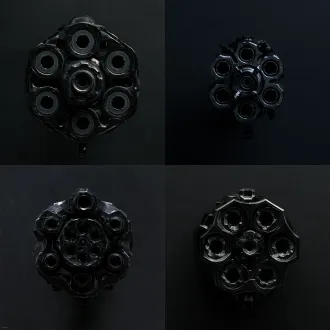 多边形黑色左轮轮盘，居中构图，纯色哑光背景，灰色勾勒轮廓弹孔，f/2.8微距镜头，硬顶光，高锐度，冷黑灰调，工业机械质感，冷峻硬核。