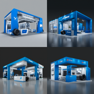 展台设计，轮胎机械密封圈产品，蓝色品牌色，开放式布局，展会环境，广角镜头，自然光，细节清晰，科技感，专业感，蓝色调，现代感，产品名称为玲珑轮胎。展位面积6*9m，有1个接待台，有1个展台，展台上放置一个轮胎。