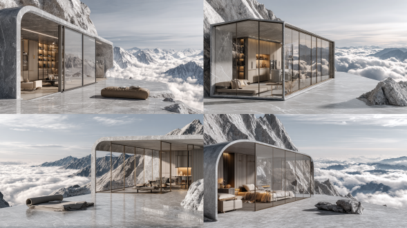 在产品摄影中，有一个房子在卷轴上。房子空间极简，细长，内置衣柜、橱柜。卷轴位于地面。背景是卷轴，卷轴中刻画高山白云，自然明亮。夸张构图以史诗般的细节、镜头从上往下斜角拍摄、高精度、超高清