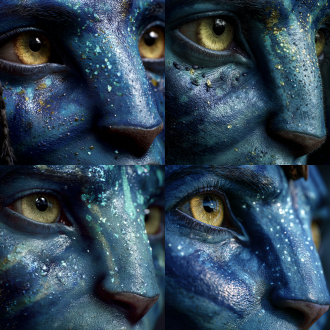 超写实的阿凡达人物面部特写，毛孔清晰可见，蓝色皮肤细腻发光，金色眼睛虹膜纹理分明，面部肌肉微紧张，丛林环境反射光斑，微距镜头，浅景深，冷色调，高动态范围，逼真细节，生物荧光纹理，湿润感，神秘氛围