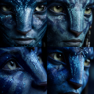 超写实阿凡达人物面部特写，蓝色皮肤纹理清晰，发光斑点细节精致，毛孔可见，深邃眼神直视镜头，环境暗光衬托面部光影，微距镜头，高分辨率，电影级质感，冷色调，科技感，神秘氛围