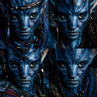 超写实阿凡达人物面部特写，蓝色皮肤纹理清晰，发光斑点细节精致，毛孔可见，深邃眼神直视镜头，环境暗光衬托面部光影，微距镜头，高分辨率，电影级质感，冷色调，科技感，神秘氛围