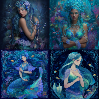 优雅的人鱼，神秘深海世界，中央构图，蓝绿色渐变皮肤，精致面容，蓝绿色宝石般的眼睛，蓝水晶珍珠贝壳头饰，漂浮的海藻状长发，荧光的蓝绿色鱼尾，浅紫色蕾丝边缘，双手交叠胸前握珍珠手链，彩色鱼群环绕，梦幻珊瑚礁摇曳海草背景，超高清画质，32k分辨率，16:9画面比例。