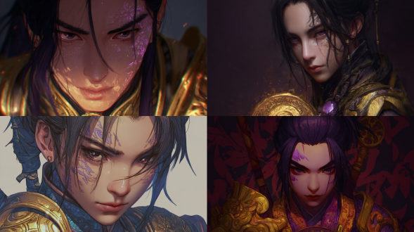 黑发锐目，身穿暗金色修真战甲，胸口嵌紫炎心（发光），手持九衍鎏（十丈金轮形态），眼神从沧桑到睥睨.中国风赛博修真写实，面部疤痕显经历