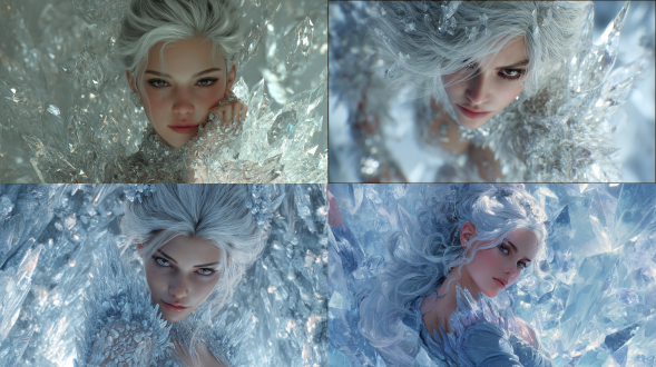 银发冰瞳，玄冰铠甲覆盖曼妙身躯，周围漂浮极寒冰晶，嘴角冷笑，脚下冻结空间。写实，冷艳反派女王风