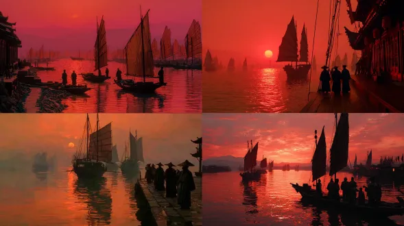 写实风电影感，中国人、中国场景，江边码头商人立于船头，借助风力扬帆，船只往来繁忙，夕阳染红江面，波光粼粼，远景镜头，突出借势而行的动态与壮阔江景