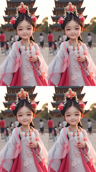 3d卡通风格，中国古风服饰，萌萌表情，大眼睛小嘴巴，中景视角，柔和光线，鲜艳色彩，传统花纹细节，动态姿势，可爱笑容，丝绸材质，水墨背景，温暖氛围，卡通渲染，对称构图，细腻纹理，明亮色调，古典元素，欢乐情绪，圆润线条