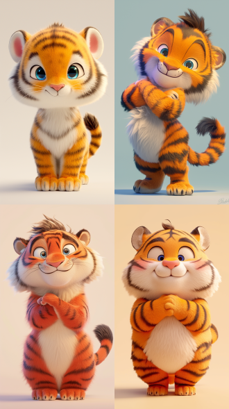 正视图站立姿态，极度可爱的3d卡通小老虎，圆胖身体，蓬松橙白毛发，闪亮大蓝眼睛，滑稽诙谐，快乐活力，皮克斯动画风格，丰富细节，柔和光照，工作室渲染，特写镜头，暖色调，高清晰度，生动表情，毛绒质感，夸张比例，微笑，调皮，明亮背景，动态姿势，卡通渲染，hdr效果，丛林背景