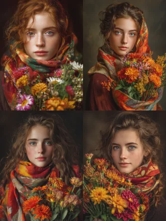 绝色美人，肤白貌美如花，长发飘逸微卷，火红的秋天，围巾，色泽鲜艳，手里拿着一束鲜花，高级摄影技术，画面太美，高清，中景