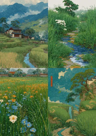 spring season, tranquil rural early spring rain scene, tender green grass swaying, gentle raindrops, warm mist rising from the earth, traditional chinese painting style, delicate and moving, flat design, vector graphics, bright colors, simple lines, high resolution, rich details, no background, vibrant atmosphere, symbolizing growth and harmonious natural culture, ue5 engine, 3d rendering, chinese style.