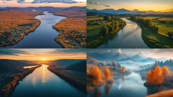 a tranquil river winds through rolling hills, bathed in the warm sunset light. golden trees line the river, with a forest along the banks hiding small houses. in the distance, mountain ranges blend with soft clouds, viewed from an aerial perspective. warm tones, wide-angle lens, soft diffused light, high dynamic range, rich natural colors, serene and peaceful, pa