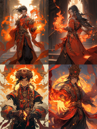 一个正面视角的亚洲术士，穿着帅气站在帝国的时空门前，手上操纵着火焰，目光坚定，看向前方