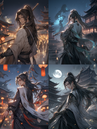 国风美少年，半身构图，直视镜头，手拿长枪，俊美脸庞，高清晰度，飘逸的枪法，衣袖随风摆动，背景是夜晚的中式古代建筑。