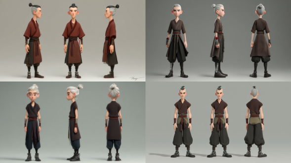 皮克斯风格，简单灰色背景，男性全身三视图，利落短发微扎小丸子头，浅灰发色阳光下微光泽，狭长瓜子脸高眉骨丹凤眼，高挺鼻梁薄唇清晰下颌线，清瘦体型一米八，深褐色劲衫黑色中式靴银色装饰，手腕褪色红绳，神秘正义感，3d渲染，柔和光线，对称构图，中性色调，细节丰富。