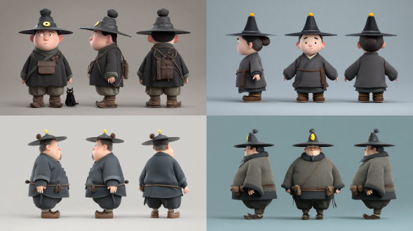 3d皮克斯风格，中国古代，简单灰色背景，人物全身图，三视图，中年男性， 发型：头戴黑灰色帽前面镶了一个黄色猫眼石，帽檐发亮，后脑勺梳着发髻。 发色：深褐色。 外貌：圆脸。 体型：身高约一米八，很高，挺着圆肚，脚上穿着传统的中式小皮靴。