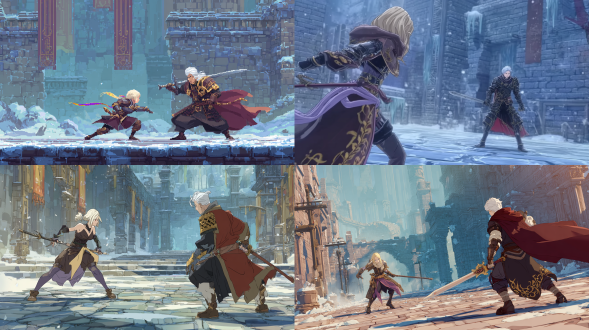 古早动画风格，左侧女性角色金发束起，面部凌厉，暗褐色贴身铠甲，金属护甲细节，紫色与黄色飘带，独特长柄武器，攻击姿态，右侧男性角色银白长发，黑色铠甲金色纹饰，红色披风，宽大剑，冷峻威严，砖石战斗场地，蓝色砖块，石质围栏，冰雪塔楼，冷色调，雾气朦胧，复古像素，动态光影，高对比度，广角镜头，战斗氛围，肃杀感，奇幻冒险。