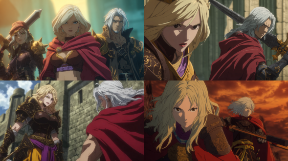 古早动画，画面左侧的女性角色外貌上，金发束起，面部神态凌厉，铠甲为暗褐色，贴合身体曲线，凸显战斗风格，肩部、手臂等部位有金属护甲细节，增添硬朗感，腰间及武器飘带为紫色与黄色，丰富色彩层次，长柄武器造型独特，带有尖刺与装饰，战斗姿态充满攻击性，仿佛即将全力施袭。中间隔着一段距离，画面右侧男性角色散发着强烈的英武之气。他有着一头银白且飘逸的长发，发丝随着动态微微飞扬，增添了几分不羁与潇洒。透露出冷峻与威严的气质。其衣着极具特色，上身穿着黑色为主色调的铠甲，铠甲上有着精致的金色纹饰，勾勒出独特的图案，彰显出高贵与不凡；肩部披着鲜红的披风，边缘以金色镶边，在暗沉的背景下尤为醒目，既凸显了他的身份地位，又为整体造型增添了一抹热烈的色彩。 他双手稳稳地握着一把宽大的剑，剑身在光影下闪烁着寒光，暗示着他强大的战斗力，整个人透露出一种历经百战、坚毅果敢的气场，仿佛是战场上令人胆寒的存在。 下方场地是砖石构造的战斗区域，地面由深浅不一的蓝色砖块铺成，呈现出复古像素质感，边缘有石质围栏，远处矗立着带有冰雪覆盖痕迹的塔楼建筑，整体场景色调偏冷，雾气朦胧的天空与砖石地面呼应，营造出冷峻、肃杀的战斗氛围，适配游戏的奇幻冒险战斗设定 。