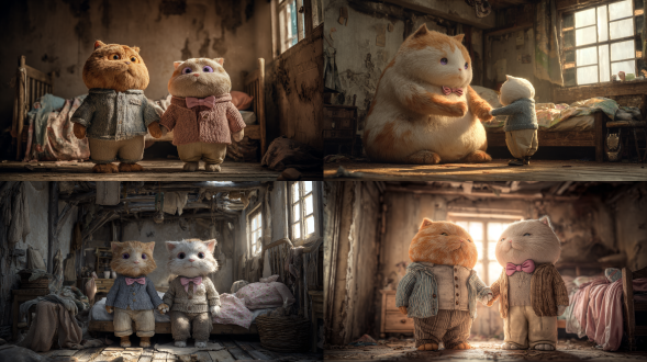 真实摄影，超细节，16k超清画质，中景构图，正面视角，cg渲染，暧昧氛围，破旧屋内，斑驳墙壁，腐朽横梁，阳光缝隙，灰尘光柱，木质旧床，拟人化胖橘与白猫，深情对视，牵手动作，老式衬衫，淡蓝针织衫，粉色蝴蝶结，米白阔腿裤，羞涩表情，紫粉眼瞳，柔光效果，暖色调，爱情片风格