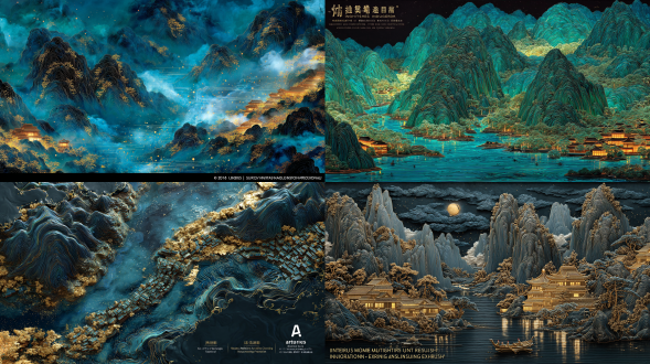 一幅8k超高分辨率的艺术杰作，展现极致的细节和超凡的精细度。场景灵感来源于夜晚的《千里江山图》，细腻描绘了中国名山大川的生动与动态，大川下村庄的繁华与夜景，立体光效营造出神秘的氛围，同时点缀以淡雅的透明金光。整幅画作以逼真的细节和精湛的笔法精心渲染，呈现出一场视觉盛宴。