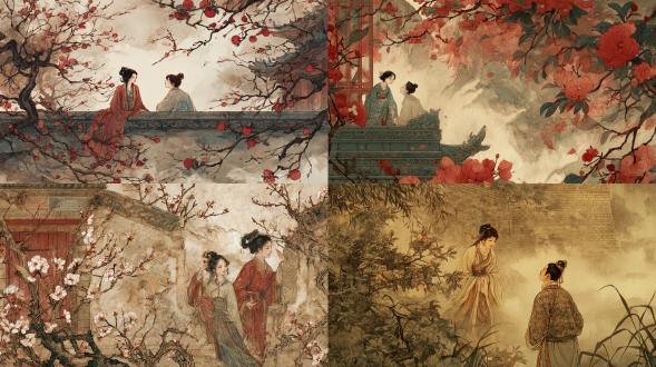 古风水粉插画，双人。 正面，远景，大风，暗红色宫墙背景，许多桃花海棠枝叶，一个唐朝襦裙少女从墙头露出头俯视，一个唐朝圆领古典花纹帅气少年在远处仰视对望，全局朦胧，人物泛光，神秘，活泼，温暖，发丝发光，合理繁复色彩饱满的细节，磨砂肌理绘画，笔触感，写意，浸润，流变，强烈光影明暗对比。