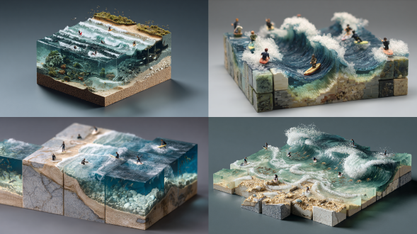 微观场景模型风格艺术作品，在立方体模块上呈现出海洋、海浪、海面上有弯卷的大浪，有冲浪的人，海底砂石、鱼类等元素的场景，展现了海洋自然景观，微观真实风格，通过微观透视和细节构建，呈现独特的自然景观创意融合 。暗灰背景。