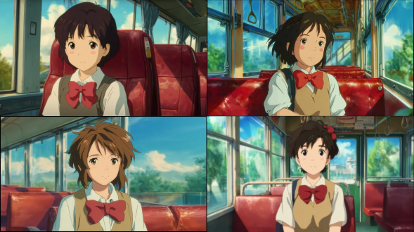经典手绘动画风，古早漫画风格，复古色调，大师级构图，唯美画面，层次丰富色彩，细腻笔触，日式动画质感，中景镜头，平视视角，半身人物，校园制服少女，白衬衫浅棕背心，红色大蝴蝶结，黑色短发，宁静神态，公交车内景，红色皮革座椅，窗外蓝天绿树，透明车窗，晴朗日光，柔和明亮，色彩对比，手绘阴影，青春纯真氛围