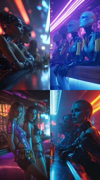3d rendering, futuristic technology cyberpunk style, facial features of european and american girls, nightclub dancers leaning against the bar counter, perfect figure, neon lights flashing, futuristic decoration, metallic texture, contrast between cold tones and fluorescent colors, gorgeous makeup, leather and luminous fabric clothing, dreamy eyes, dynamic light and shadow, wide-angle lens, ambient occlusion, high-detail texture, virtual reality atmosphere the combination of a sense of technology and cyberpunk aesthetics