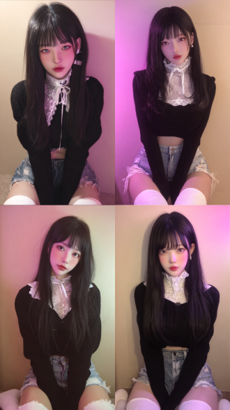 时尚甜酷写实风，柔和粉紫氛围光，细腻光影，青春潮流穿搭，黑色长直发，空气刘海，黑色短款针织衫，白色蕾丝颈饰，做旧牛仔短裤，白色过膝袜，简约室内背景，浅米色墙面，柔光均匀，粉紫调打亮面部发丝，黑色上衣白色配饰对比，层次丰富和谐，近景平视视角，居中构图，9:16竖版画幅，甜酷混搭，青春时尚，个性风格