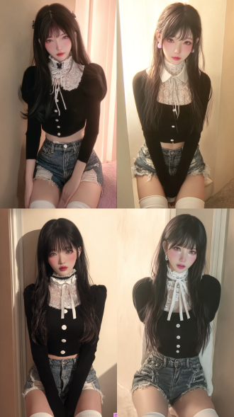 画面风格为 时尚甜酷写实风，色调柔和且带粉紫氛围光，光影细腻，突出青春潮流穿搭与甜酷气质。采用 近景镜头（平视视角），聚焦人物上半身到腿部，呈现精致穿搭细节与姿态。 关键元素： 人物造型： 发型：黑色长直发（顺滑垂落，自然蓬松感），空气刘海修饰额头。 穿搭： 上衣：黑色短款针织衫（白色纽扣、领口 / 袖口撞色设计），搭配白色蕾丝颈饰（镂空绑带，甜酷混搭）。 下装：做旧牛仔短裤（毛边设计，复古潮流），配白色过膝袜（袜口褶皱，增添俏皮感）。 环境： 背景：简约室内（浅米色墙面、柔和光线），营造干净纯粹的氛围，突出人物主体。 光影色彩： 柔光均匀洒在人物身上，粉紫调氛围光打亮面部与发丝，凸显皮肤通透感；黑色上衣与白色配饰形成鲜明对比，色彩层次丰富却和谐，强化甜酷风格。 构图： 人物居中，近景展现穿搭全貌，从发型到袜子的细节逐一呈现，背景简洁不抢镜。画幅比例 9:16（适配竖版人像展示），突出潮流穿搭与人物气质。 风格氛围： 通过甜酷混搭穿搭（蕾丝颈饰 + 牛仔短裤 + 过膝袜）、柔和氛围光与精致造型，传递青春时尚、甜中带酷的个性风格