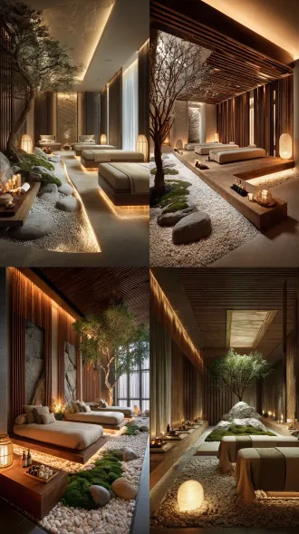 [space]: multi-person vip suite: a spacious room with three massage beds covered in beige linens. a large central indoor dry landscape with white pebbles, moss, and a sculptural tree. wooden slatted screens dividing the space. a long wooden bench with skincare products. warm ceiling cove lighting and paper floor lanterns. grand, natural, and deeply relaxing.