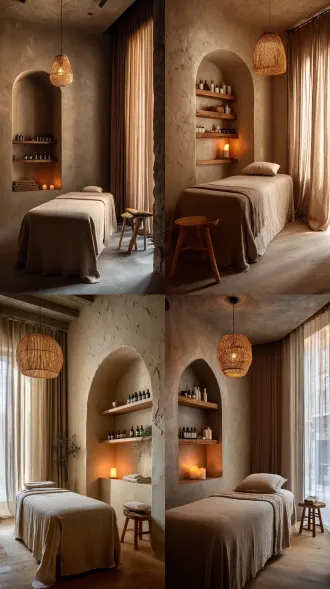 [space]: single treatment room: a single massage bed with soft linen sheets. a highly textured raw plaster feature wall with a large arched niche, fitted with wooden shelves for skincare products. a warm bamboo pendant light. a small wooden stool with a candle. floor-to-ceiling sheer curtains in a dark beige tone. intimate, quiet, and grounding.