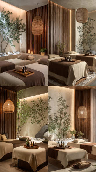 [space]: double treatment room: two massage beds with cream and brown linen. a wooden slatted partition in the middle. background wall features large elegant green branches and a warm backlight. a dry landscape corner with white pebbles and rocks. a woven rattan pendant light above one bed. a wooden tray with rolled towels and essential oil bottles. calm and luxurious.