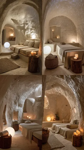 [space]: treatment room d (cave): a wabi-sabi cave-style room with rough cream plaster walls and a curved ceiling. a massage bed with white and beige linens. a glowing moon lamp on the floor. hidden fiber optic star lights in the ceiling. a rattan basket holding rolled towels. two candles on a wooden stump side table. romantic, mysterious, and deeply relaxing.