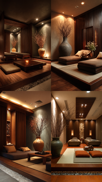 [space]: treatment room c (double): a high-end vip double suite. two massage beds separated by a wooden slatted room divider. tatami mats on the floor. a large ceramic vase with artistic dried branches in the corner. warm recessed lighting in the ceiling. a low wooden tea table with two cushions. zen, oriental, and highly exclusive.