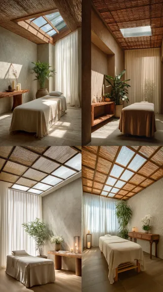 [space]: treatment room b (large): a spacious single room with a large rectangular skylight in the bamboo woven ceiling, letting in soft natural daylight. a luxury massage bed with cream linen. a long raw wood console table against the textured wall. a large tall indoor plant. a sheer white curtain on one side. a minimalist floor candle lamp. airy, bright, and peaceful.