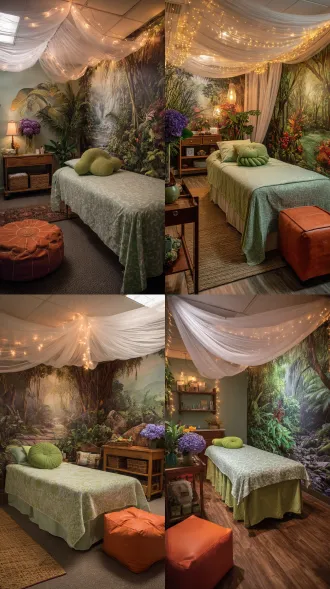 [space]: treatment room b: a massage bed with light green patterned sheets and a green u-shaped pillow. the back wall features a floor-to-ceiling photorealistic tropical rainforest jungle mural. a tent-like white sheer canopy on the ceiling with warm fairy string lights. a wooden utility cart with a purple hydrangea vase. an orange square leather pouf. tropical and immersive.