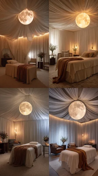 [space]: treatment room a: a single massage bed with soft white sheets and a caramel throw blanket. the ceiling is covered with white sheer curtains draped in a radial pattern, gathered by tassel tiebacks. a giant glowing moon pendant light in the center. warm led strip lights hidden at the base of the walls. two dark wood side tables, one with a glass vase of flowers. romantic and ethereal.