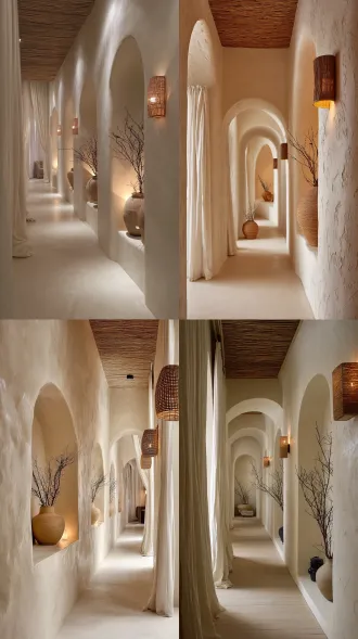 [space]: corridor: a serene hallway with arched doorways and cream textured plaster walls. a series of recessed rectangular wall niches displaying ceramic vases with dry branches, illuminated by hidden warm led lights. rattan woven wall sconces. sheer white curtains partially covering the wall. bamboo woven ceiling. quiet, zen, and seamless transition.