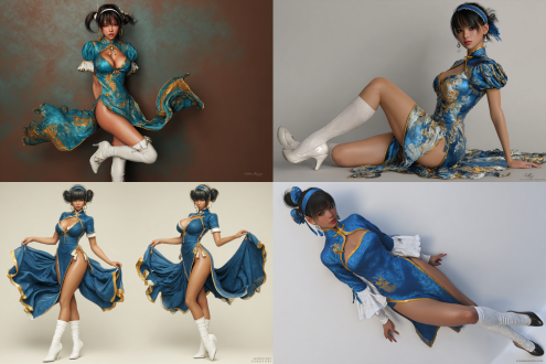 超写实、细节丰富的《海贼王》妮可罗宾照片，达兹3d风格。她有着深棕色齐刘海和短马尾，身着蓝金色制服，超还原动漫中穿衣风格，头戴黑色头带，佩戴珍珠耳环。侧踢，全身。穿着白色袜子，高跟鞋。上衣为高叉旗袍，腿部肌肉写实。侧踢动作，衣服摆动。肢体动作符合人类骨骼规律。符合牛顿第二定律。风格写实，不要油画感