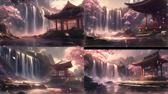 "壮丽的瀑布飞泻在青苔石上，白色水流奔涌溅起薄雾，右上角隐约可见亭子屋顶10%，水面飘落桃花瓣，动态模糊效果，武侠风格绘画，浅景深f/2.8，柔焦前景，冷色调，仰拍视角，特写水流，丝绸般质感，流水线条，15米拍摄距离，16:9画幅，无天空无悬崖"