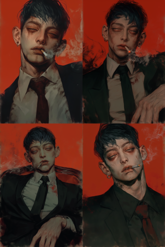 穿着西装的青年男性，黑色短碎发，吊梢眼，浅色瞳孔，叼着烟，烟雾缭绕，特写镜头，真皮座椅，纯红色背景，低角度拍摄，硬光，高对比度，暖色调，阴影强烈，侧光，35mm镜头，胶片质感，锐利焦点，傲慢神情，暗黑风格