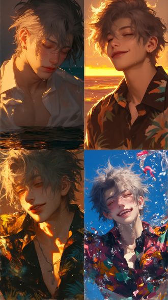 金色头发深色皮肤男性，脸部特写，花哨衬衫，落日海边，厚涂画风，莫奈色彩，夏日氛围，清透气泡水，暖色调，柔光，浅景深，85mm镜头，水珠飞溅，欢乐表情，细腻笔触，高饱和度，印象派风格，微风拂面，慵懒惬意