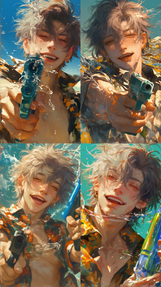 "25岁金色头发深色皮肤男性，花衬衫，落日海边，脸部特写，厚涂画风，莫奈色彩，夏日氛围，清透气泡水，愉快表情，手持水枪，暖色调，柔焦镜头，逆光，高饱和度，水花飞溅，欢乐情绪。"