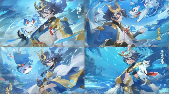 日式奇幻风格，男性角色身着蓝金传统和服，怀抱装饰白猫，神秘蓝猫灵体浮现，背景清澈水泽朦胧绿意，对角线构图，高饱和度，柔焦效果，广角镜头，逆光，浅景深，动态光效，细腻纹理，冷色调，宁静神秘。