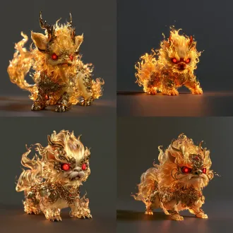 3d仙侠萌金焰麒麟，居中构图，暗灰纯色背景，柔光轮廓光，蹲伏欲扑，红亮圆眼，金焰绒毛，嵌宝金甲，萌凶表情，pbr质感，8k超精细，octane渲染，1:1画幅，niji 6风格表现力拉满