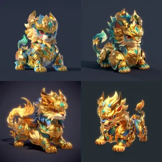 3d仙侠萌麒麟，居中构图，暗灰纯色背景，柔光轮廓光，85mm定焦镜头，蹲伏待扑，萌凶表情，金焰鬃毛，红瞳，嵌宝金甲，pbr纹理，亮金青蓝主色调，灵动祥瑞，octane渲染，8k超精细