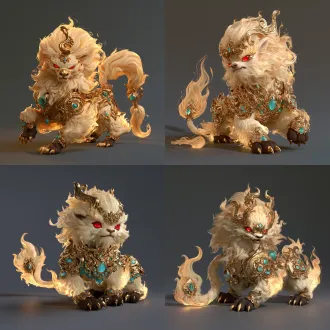 3d stylized xianxia game pet, cute mythical golden flame qilin auspicious beast, fluffy light golden flame-like mane and fur, bright vivid red eyes, ornate curved golden head ornament on forehead, fierce childish expression, crouched pounce-ready pose, full body elaborate carved vintage gold armor inlaid with cyan turquoise gems, faint glowing golden flame flicker on fur edge, flame shaped long tail with embedded gem gold ornament on tail tip, dark brown beast paws with sharp golden claws, smooth pbr texture, soft studio rim lighting, plain solid dark gray background, no other redundant elements, octane rendering, ultra fine detail, 8k